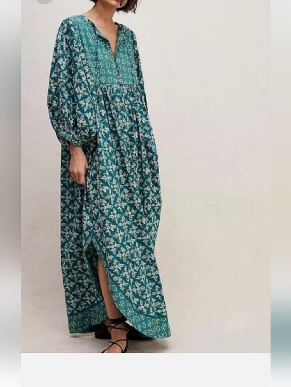 Free People Size L Teal Green Maxi Dress Balloon Sleeve Beaded Detail Stunning - Picture 3 of 17